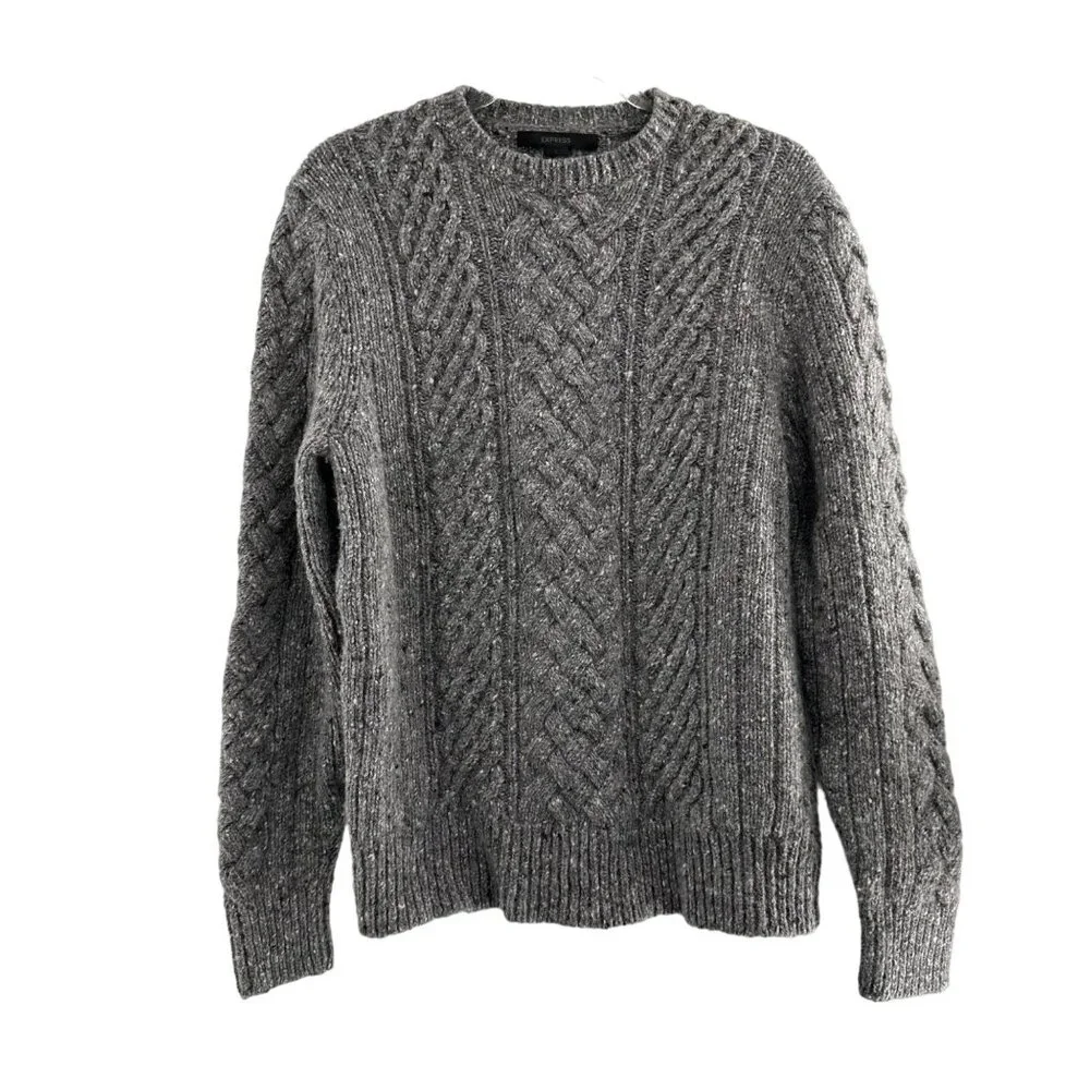 Vtg Express Gray Cable Knit Wool Blend Sweater L Crewneck Warm‎ Coastal Y2K